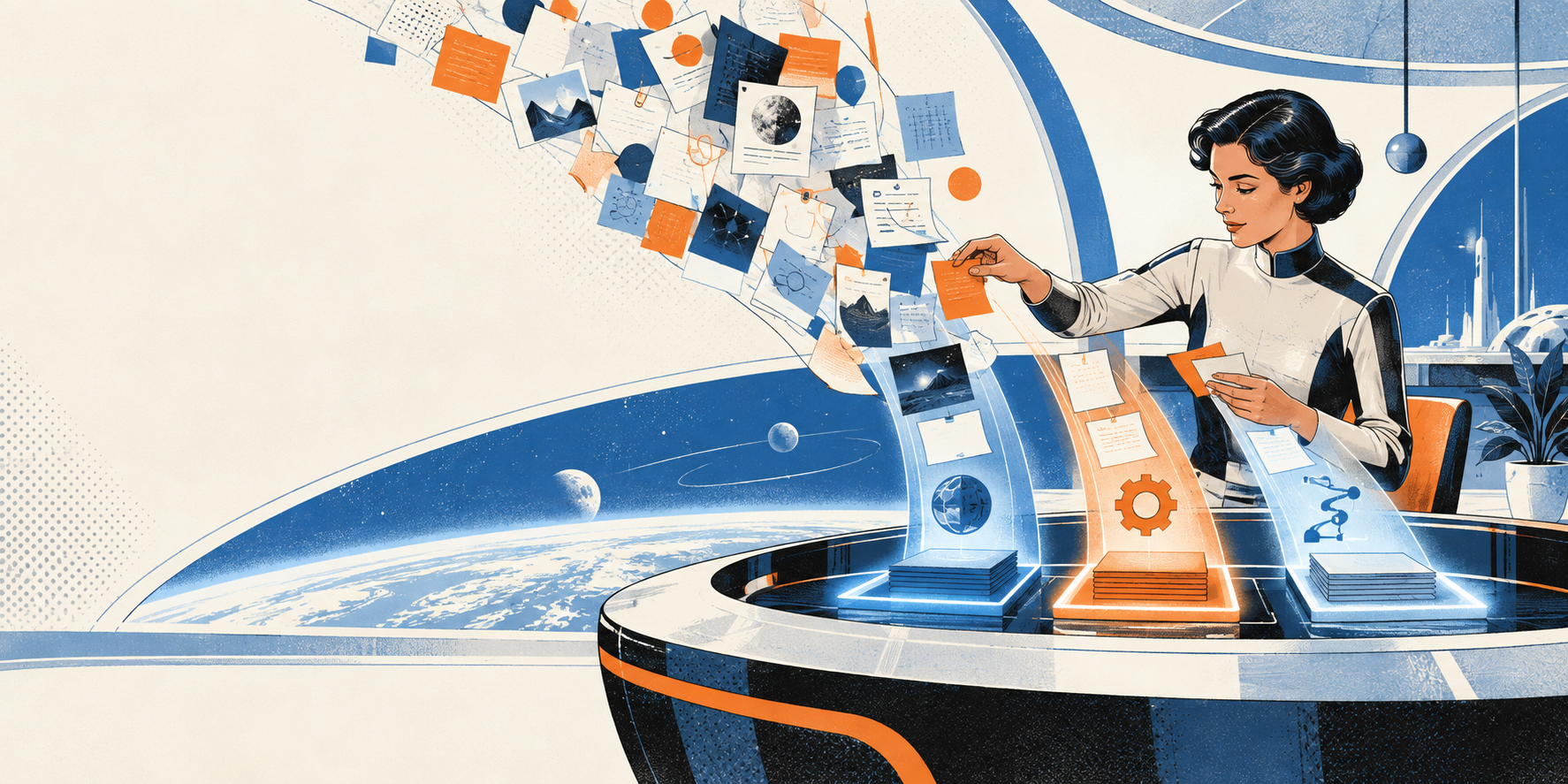 Original AI-generated illustration of a strategist organising scattered context into orderly routes in a retrofuturist workspace.