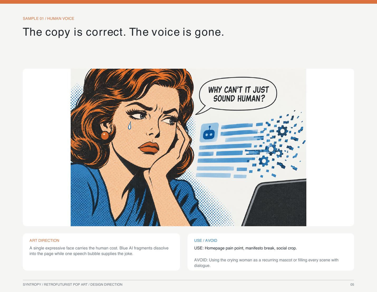 Client-supplied Pop Art reference of a person overwhelmed by a marketing message that has lost its voice.