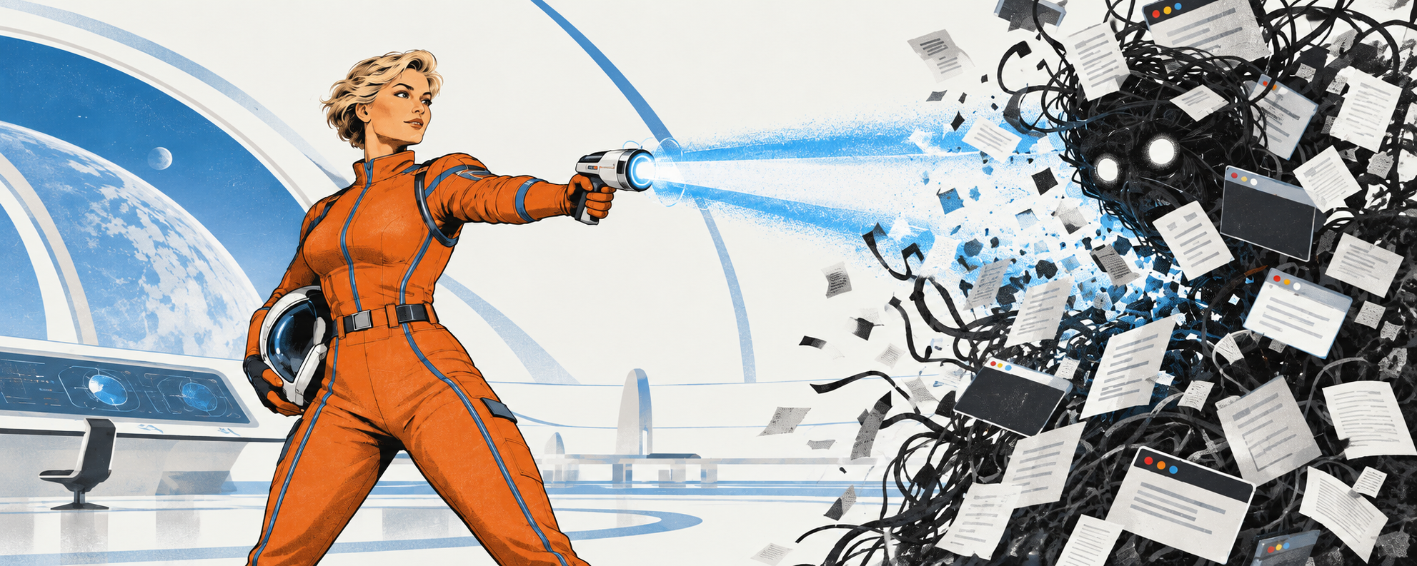 An original AI-generated retrofuturist illustration of an orange-suited strategist directing a blue beam through tangled work.