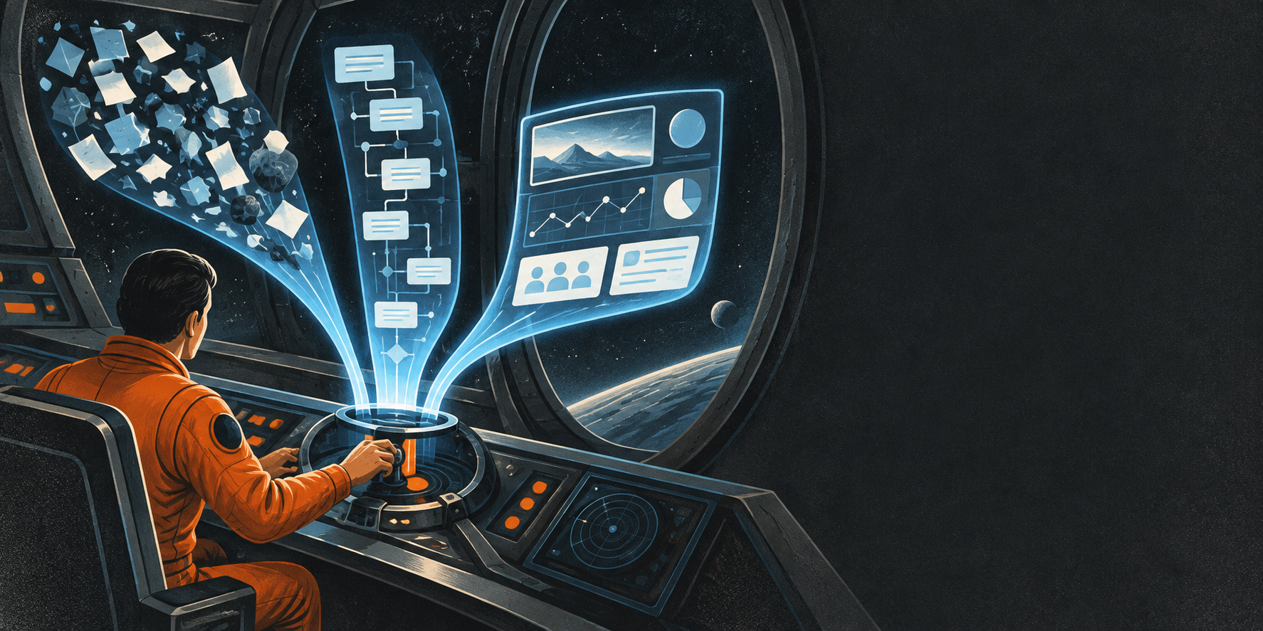 Original AI-generated illustration of a strategist guiding structured pathways through a retrofuturist mission control room.