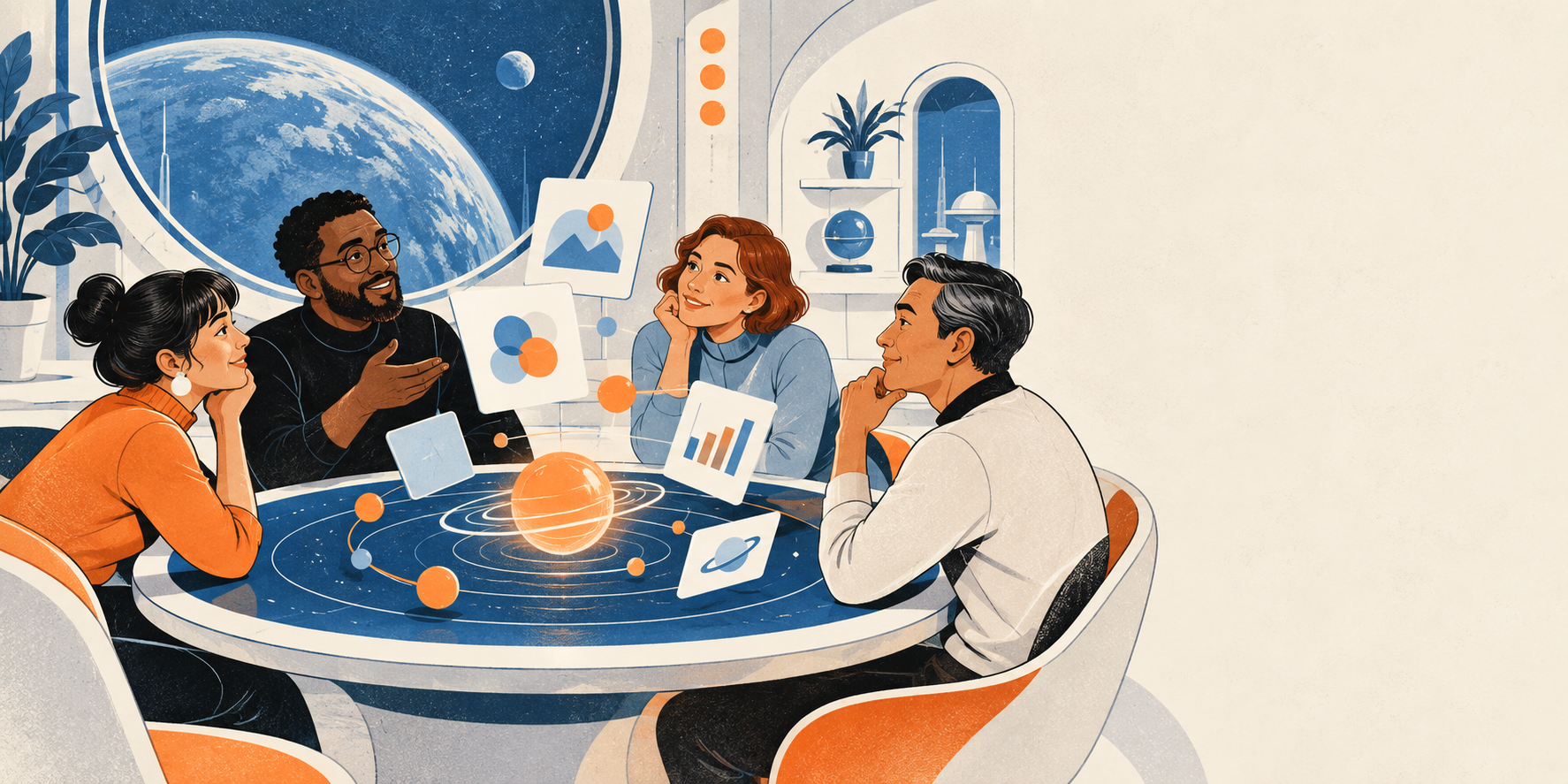 Original AI-generated illustration of a small group sharing ideas around an orbital table.